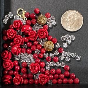 33.  Red Acrylic Rose, Beads, Glass Bicone, Gold Filigree & Lobster Clasp